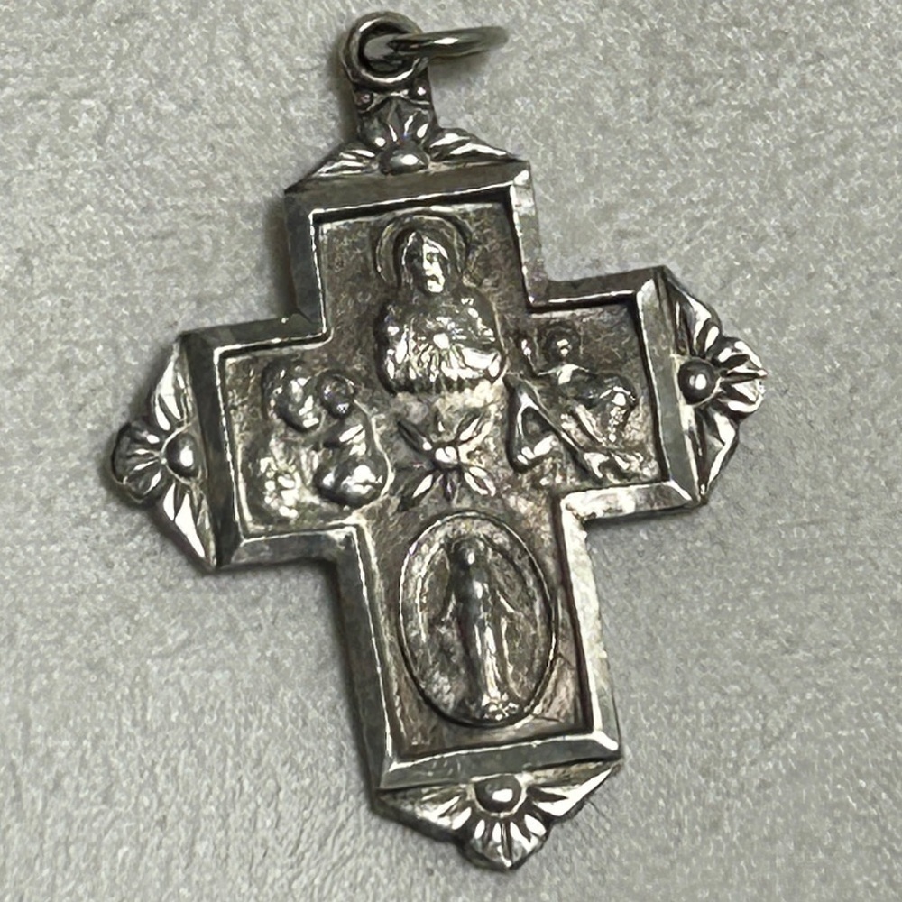 Sterling Silver 4 Panel Catholic Cross Pendant with Patina Vintage Religious - Picture 7 of 12